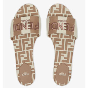 Fendi Beige Sand Striped FF Monogram Logo Mule Slide Flat Flip Flop Sandal 38